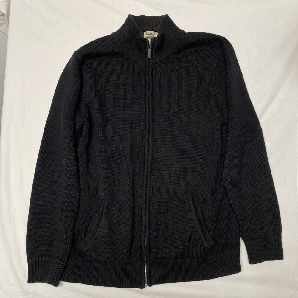 LL Bean Sweater Mens MED Tall Black Mock Neck Ribbed Knit Full Zip Cardigan
